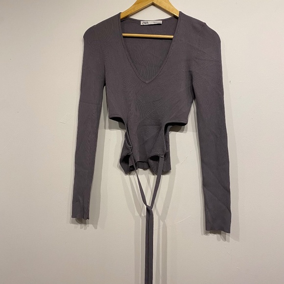 Zara Ribbed Long Sleeve Balletcore Cutout Waist Tie Top Size Medium - Picture 1 of 5